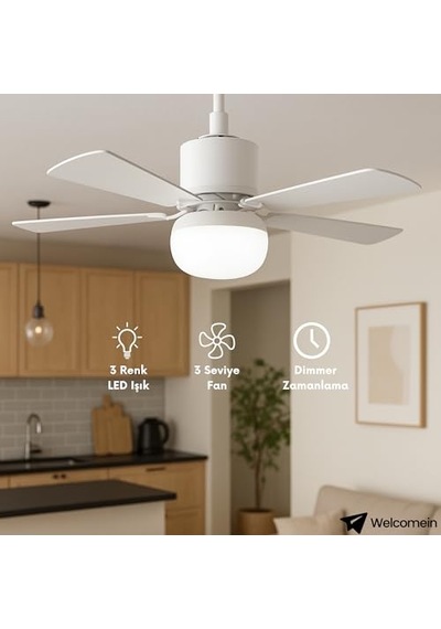 5 Kanatlı Led Işıklı Tavan Vantilatörü Sessiz Çalışan, Uzaktan Kumandalı, Modern Beyaz Tasarım Diğer