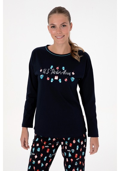 U.S. Polo Assn. Kadın Lacivert Yılbaşı Temalı Pijama Takımı 50318896-VR033 U.S. Polo Assn. Kadın Lacivert Yılbaşı Temalı Pijama Takımı 50318896-VR033
