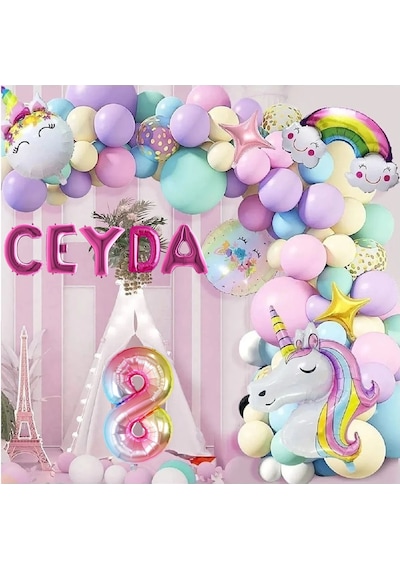 5 Harfli Yaş Seçenekli Gökkuşağı Konseptli Unicorn Temalı Makaron Balon Doğum Günü Parti Kutlama Seti 7
