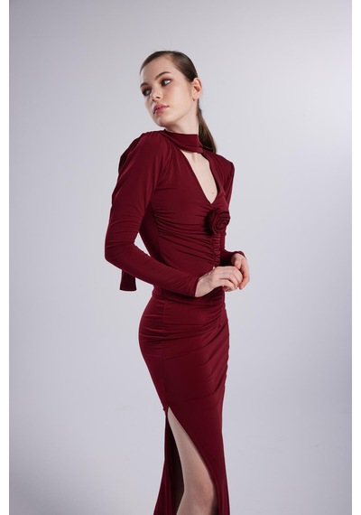 Holly Lolly Çift Yırtmaçlı Maxi Serre Etek Bordo