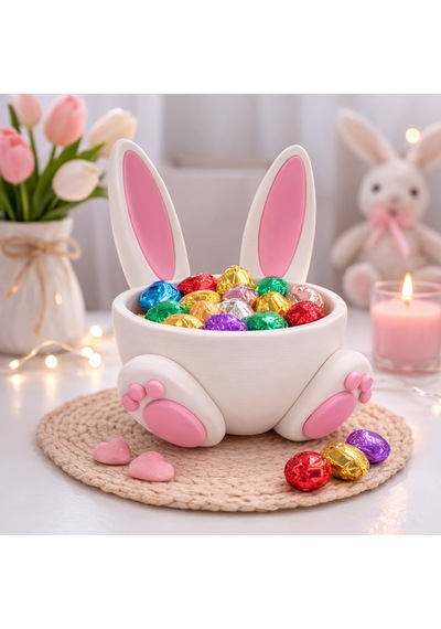 Tavşan Kulaklı Dekoratif Şekerlik Pembe Beyaz Bunny Tasarım Çikolata Kasesi Masaüstü Dekoratif