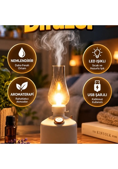 280 Ml Retro Gaz Lambası Tasarımlı Led Işıklı Usb Şarjlı Aroma Difüzör Ve Nemlendirici