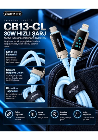 Remax Cb13-cl Thunder Serisi 30w Oled Ekranlı Bluetooth App Kontrollü Type-c To Lightning Hızlı Şarj Ve Data Kablosu 1.2 Metre Buz Mavisi