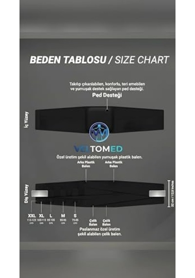 Tr Veltomed Siyah Çelik Balenli Lumbostad 26cm Korse, Ortopedik Korse, Bel Korsesi, Skolyoz, Fıtık, Lomber Disk, Fıt