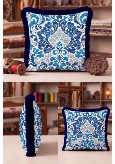 Mavi Damask Klasik Şık Desenli Saçaklı Yastık Kılıfı - Bohem Gri Lacivert Püsküllü Kırlent Kılıfı Kadim Ufuk Mira Mavi Damask Klasik Şık Desenli Saçaklı Yastık Kılıfı - Bohem Gri Lacivert Püsküllü Kırlent Kılıfı Kadim Ufuk Mira