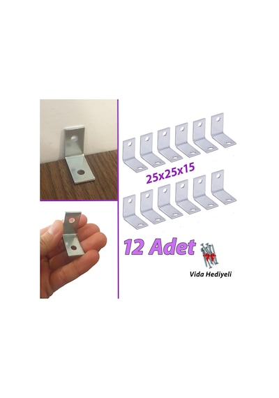 12 Adet Mobilya Eşya Dolap Duvar Sabitleyici Köşe Bağlantı L Demir Gönye Deprem Güvenliği 25x25x15mm