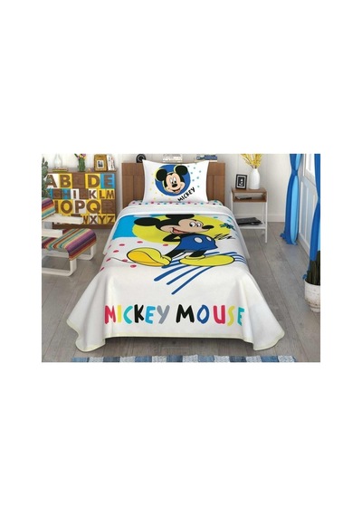 Lisanslı Disney Mickey Colour % 100 Pamuk Tek Kişilik Pike Beyaz