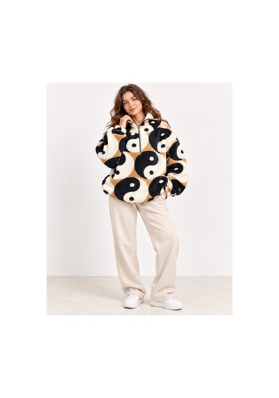 Nova Earth Art Kadın Desenli Yarım Fermuarlı Peluş Sweatshirt Siyah