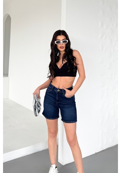 HLT Jeans Kadın Koyu Mavi Yıkamalı Mom Fit Yüksek Bel Likralı Jean Kot Şort Lily-kymavi