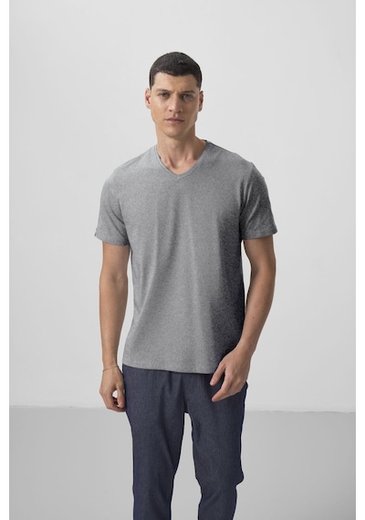 Tommylife Gri Melanj Basic Kısa Kol Standart Kalıp V Yaka Erkek T-shirt - 87912 Gri Melanj