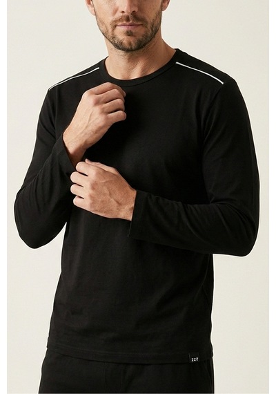 Elemge %100 Pamuk Süprem Uzun Kollu Pijama Üstü Erkek T-shirt Compact Penye Rahat Kalıp Tok Kumaş Siyah
