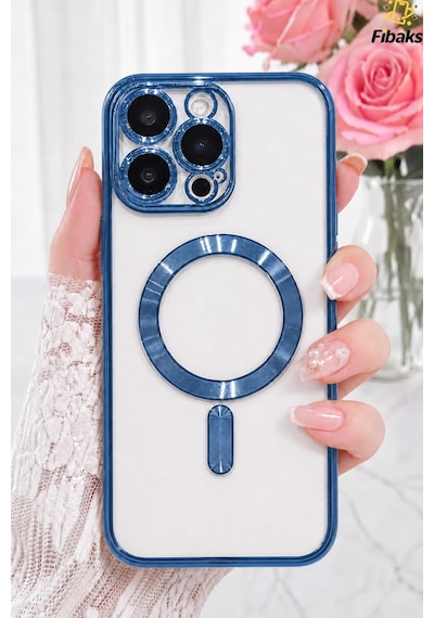 Fibaks iPhone 15 Pro Max Uyumlu Kılıf Kamera Lens Korumalı Magsafe Şarj Kilifi Şeffaf Renkli Yumuşak Kapak Mid