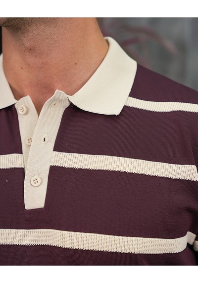 Modefendi Pamuk Likra Slim Fit Örgü Yatay Desen Yaka Şerit Detaylı Polo Yaka Kazak Bordo