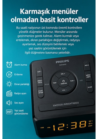 Philips Tar4500/10 Fm Saatli Radyo Çift Alarm Büyük Led Ekran Usb-c Telefon Şarjlı Dijital Çalar Saat