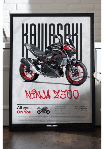 Kawasaki Ninja Z500 Siyah Ahşap Çerçeveli Poster, Dekoratif Motosiklet Duvar Tablosu