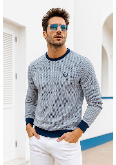 Rich Erkek Lacivert Kare Desenli Bisiklet Yaka Sweatshirt Lacivert