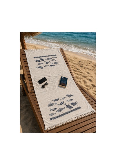 %100 Pamuk Müslin Plaj Havlusu 100x200 Cm Peştemal Yumuşak Dokulu Natural Balık Desenli Lacivert