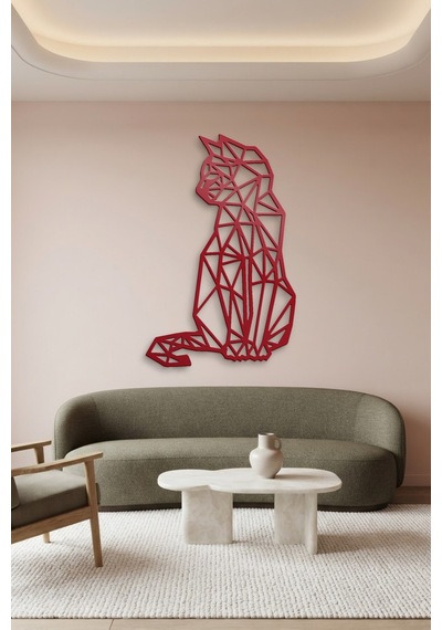 Kedi Polygon Metal Duvar Tablosu - Duvar Sanatı - Duvar Dekoru - Kırmızı