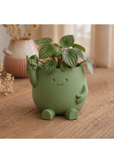 3d Baskı Smiley Face Planter - Gülümseyen Karakterli Saksı-yeşil