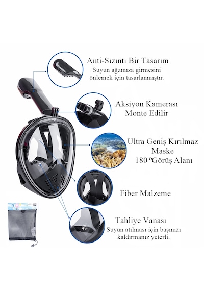 Lxl Beden Dalış Maskesi Ekipmanları 360 Derece Full Face Dalış Maskesi Buğu Önleyici Yüzme Gözlüğü Şnorkel Siyah