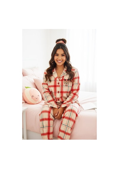 Siyah İnci Nakışlı Büyük Beden Düğmeli Örme Kışlık Polar Pijama Takım 7957 Kırmızı