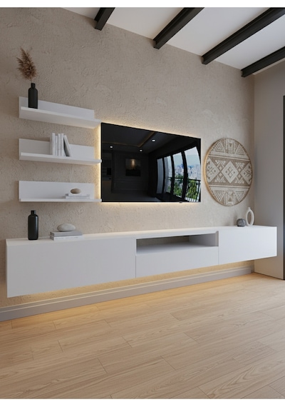 Resital Ledli Duvara Monte Tv Sehpası - Beyaz - W6018-1 Beyaz