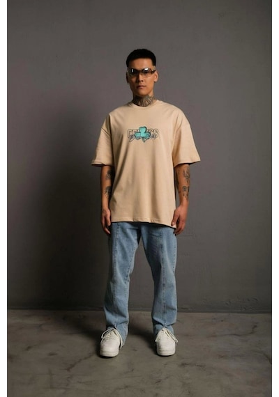 Erkek Sırt Baskılı T-shirt - Bej Bej