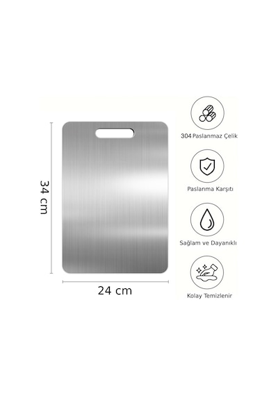 34x24 Cm Büyük Boy Paslanmaz Çelik Kesme Tahtası - Antibakteriyel - Leke Ve Su Tutmaz Gri