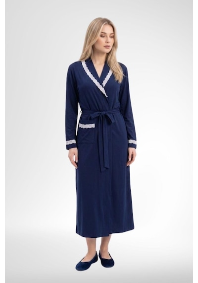 Mecit Pijama Mecit 6393 Lacivert Pamuklu Kadın Sabahlık Pijama Gecelik Seti