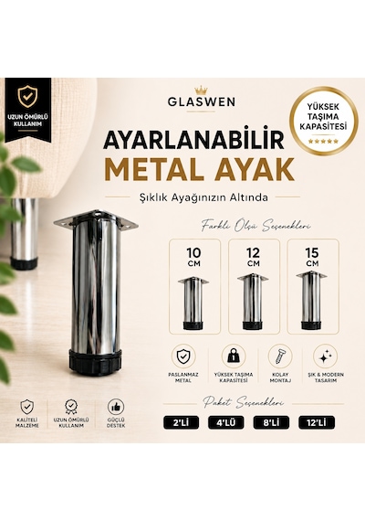 4 Adet Metal Ayarlanabilir 15 Cm Krom Destek Ayağı Mobilya Kanepe Baza Koltuk Dolap Sehpa Tv Ünitesi Ayağı