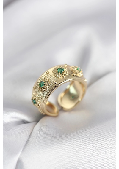 Yeşil Zirkon Taşlı Gold Renk Vintage Kadın Yüzük Çok Renkli