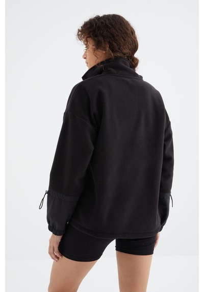 Tommy Life Siyah Etek Ucu Büzgülü Yarım Fermuarlı Oversize Kadın Polar Sweatshirt - 97238 Siyah