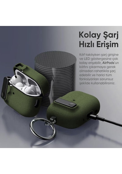 Apple Uyumlu AirPods 4. Nesil İle Kılıf Standlı Kilitli Tpu Premium Matte Trip Case Koyu Yeşil