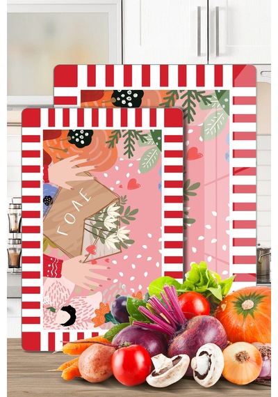 2'li Cam Kesme Tahtası Ve Sunumluk Karışık Renkli Love Desenli 20 X 30 Cm Ve 25 X 35 Cm Çok Renkli