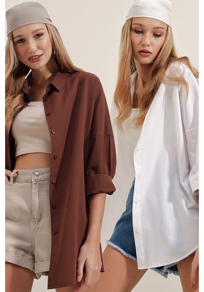 Bigdart 3900 Oversize Uzun Basic Gömlek İkili Paket - Beyaz Ve Kahve 001