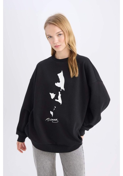 DeFacto Oversize Geniş Kalıp Bisiklet Yaka Atatürk Baskılı Sweatshirt E5445AX24WNBK81 Siyah