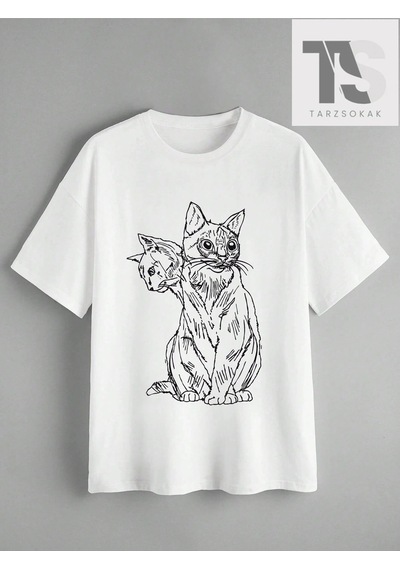 Startmore Goth Kadın Casual Kedi Baskılı T-shirt Beyaz