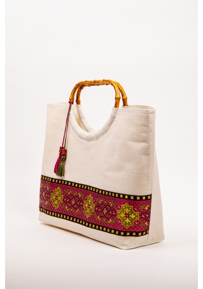Fabric Craft Bag El Çantası Kanvas Etnik Dokuma Bordürlü Beyaz