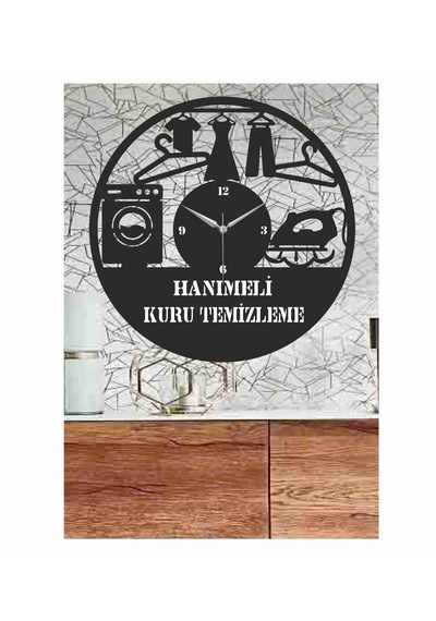 Kuru Temizleme Temalı Ahşap Duvar Saati 50 Cm Siyah
