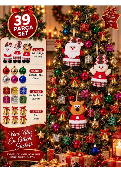39 Parça Yılbaşı Ağacı Süs Seti Noel Baba Kardan Adam Geyik Top Çan Hediye Paketi Dekorasyon Diğer