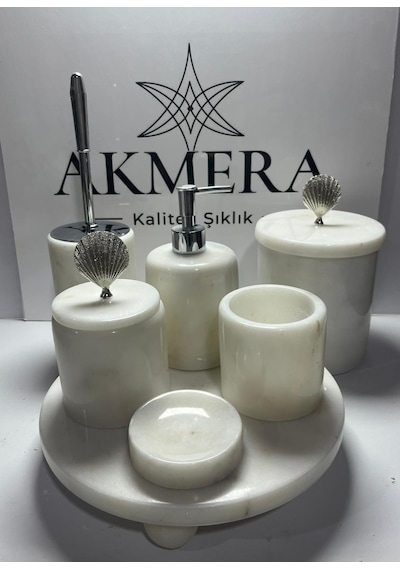 Mermer Top Ayaklı Standlı 7 Parça Lüks Banyo Seti Beyaz