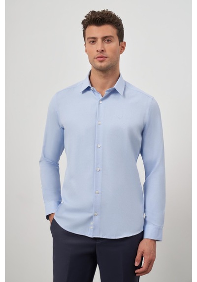 İmza Mavi Uzun Kol Kendinden Desenli Armürlü 032 Sert Yaka Classic Slim Fit Gömlek 1004245151 Mavi