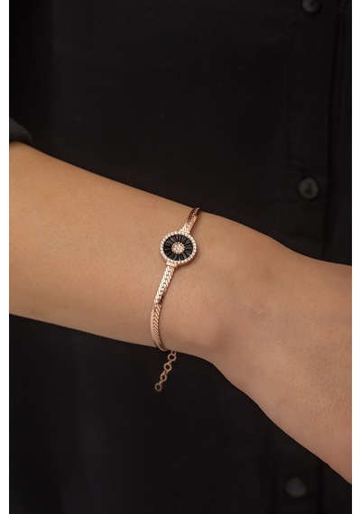 Papatya Silver Yassız Zincir Siyah Trapez Ve Nano Zirkon Taşlı Rose Gold Kaplama 925 Ayar Gümüş Bileklik - UVPS200064