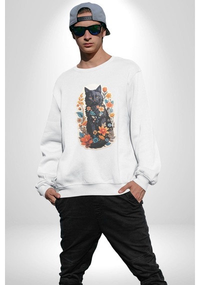 Çiçekli Siyah Kedi Etiket Unisex Beyaz Baskılı Sweatshirt Beyaz