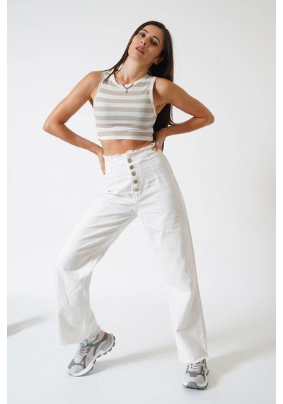Ckm Moda Adrian Yüksek Kalite Kadın Yuvarlak Yaka Çizgili Crop Bluz Ekru