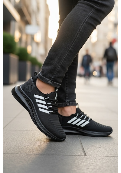 Enoch Ortopedik Ultra Hafif Şeritli Fileli Çoraplı Sneaker Spor Ayakkabı Siyah