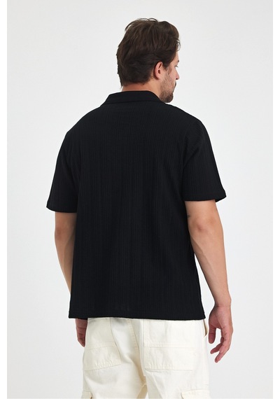Tarz Cool Erkek Jakarlı Baklava Desenli %100 Pamuk Polo Yaka T-shirt Siyah