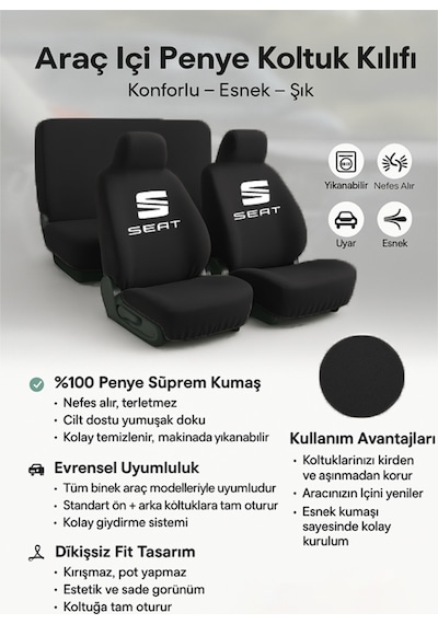 Aracınız İçin Özel Olarak Tasarlanan Seat Toledo İle Uyumlu Oto Koltuk Kılıfı İle Sürüş Siyah Siyah