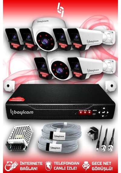 Bayicam 8 Kameralı Süper 2 İç Kamera Set HDD'siz 5 MP 2K Net Gece Görüşlü Güvenlik Kamerası Sistemi