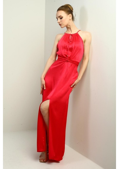 By Saygı Kadın İp Askılı Halter Yaka Beli Kuşaklı Önü Yırtmaçlı Fitilli Saten Uzun Elbise-40708 Fuşya By Saygı Kadın İp Askılı Halter Yaka Beli Kuşaklı Önü Yırtmaçlı Fitilli Saten Uzun Elbise-40708 Fuşya